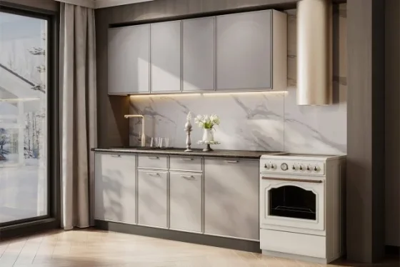 Кухонный гарнитур прямой Нонтон Эланель 200 см, белый / нео / столешница черная